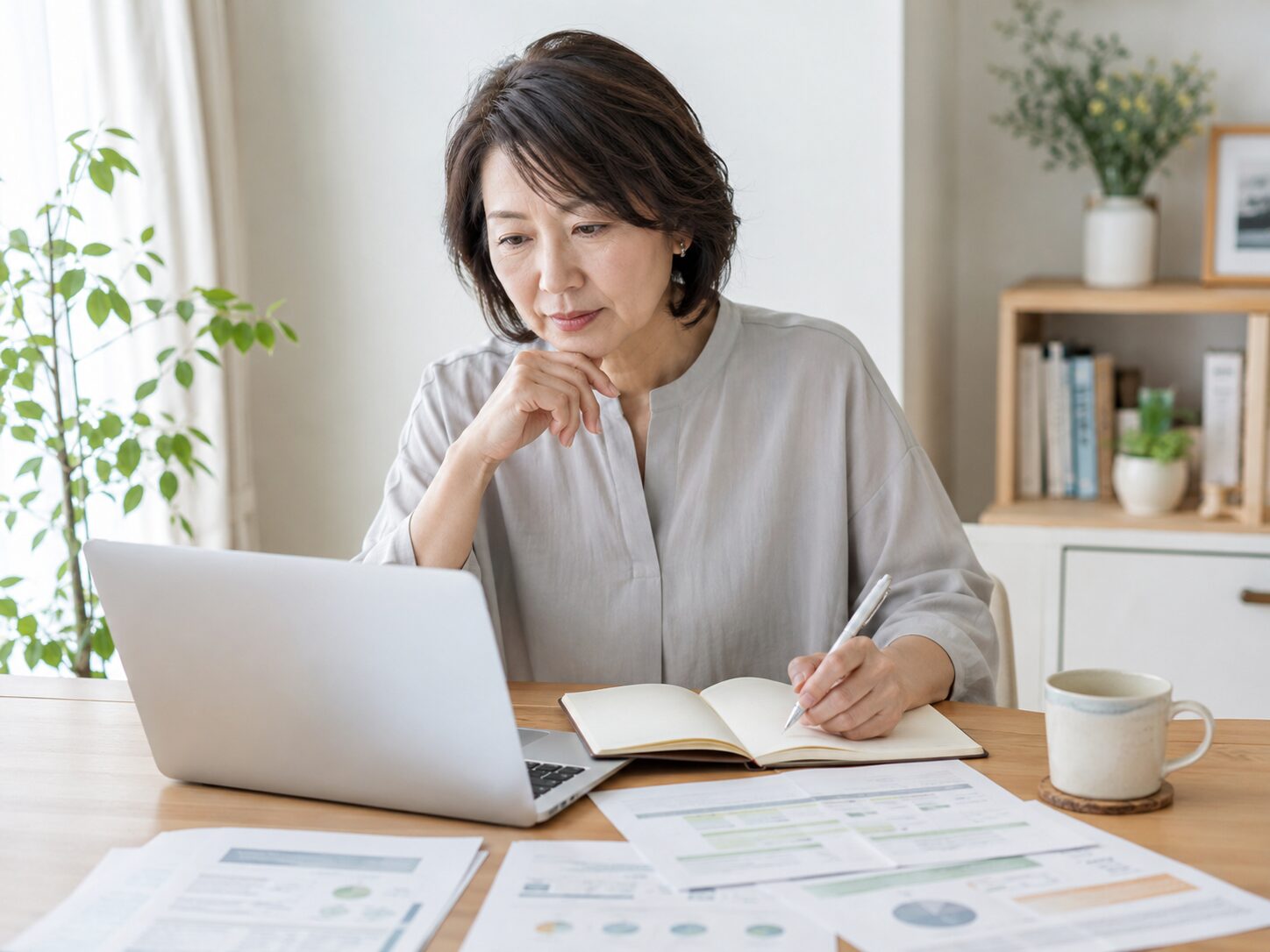 仕事を続けるための選択肢を資料とパソコンで比較する机上風景