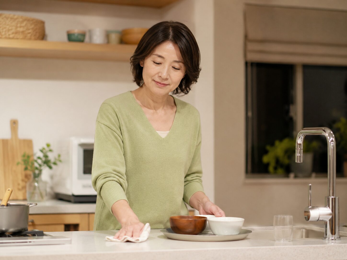 夕食後の片づけを前に家事負担を整理する台所の場面