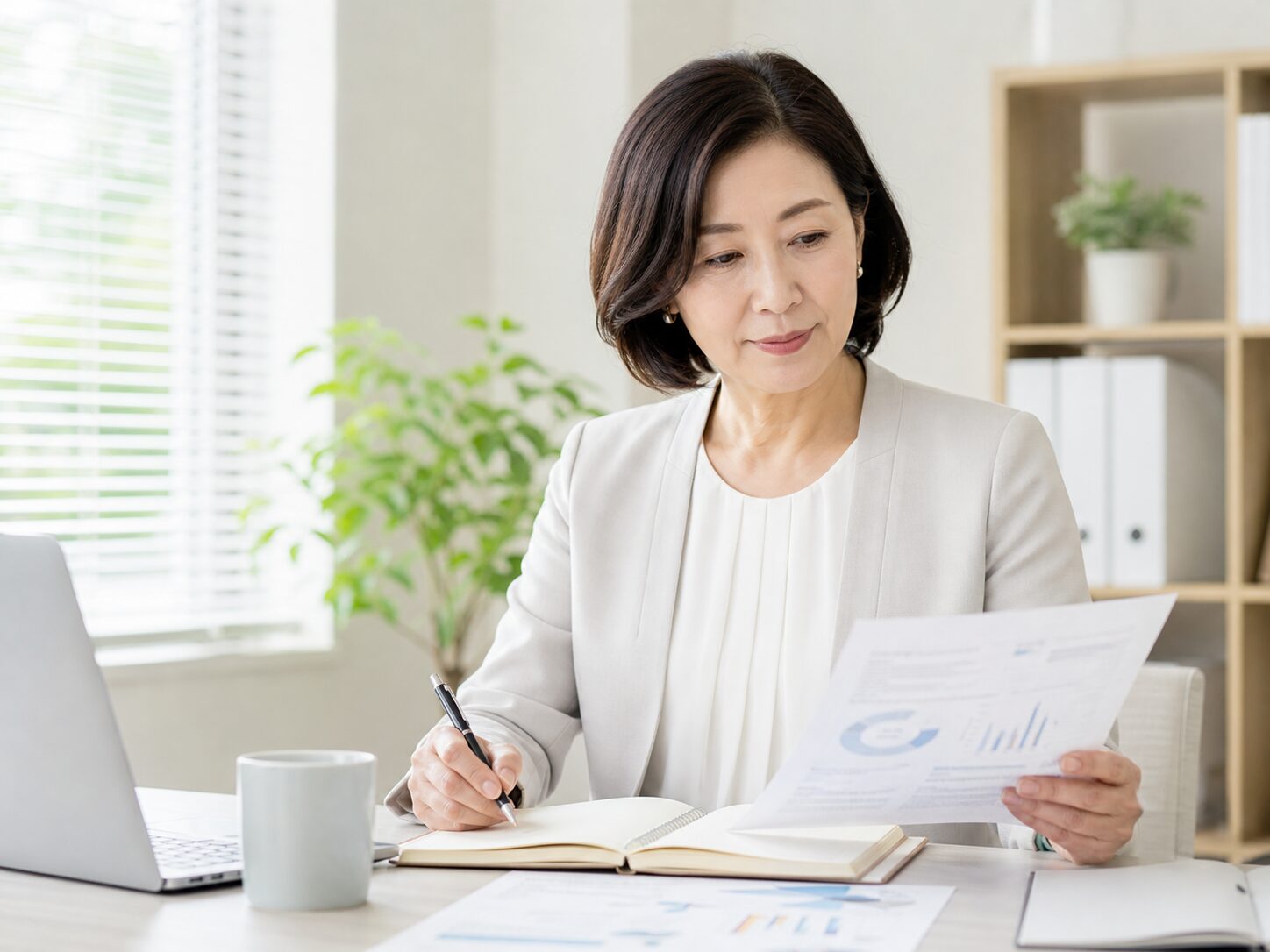 オフィスで資料を見ながら更年期による仕事への影響を整理する働く女性