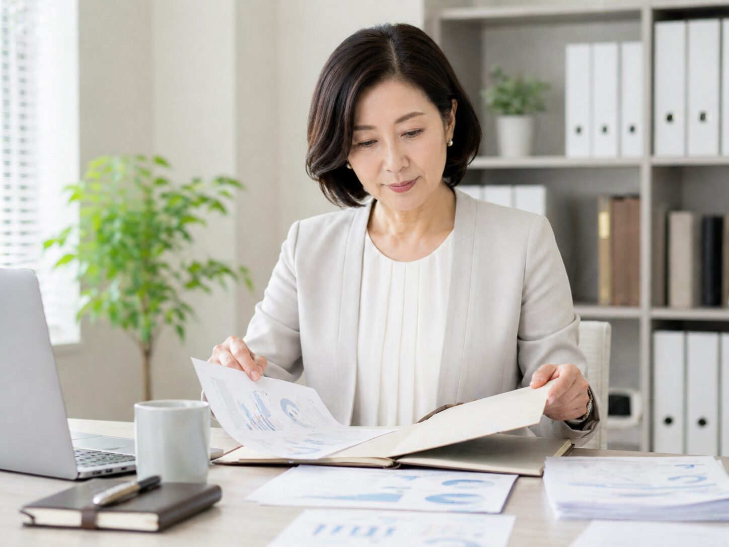 オフィスの昼休みに一息つきながら午後の予定を整理する場面