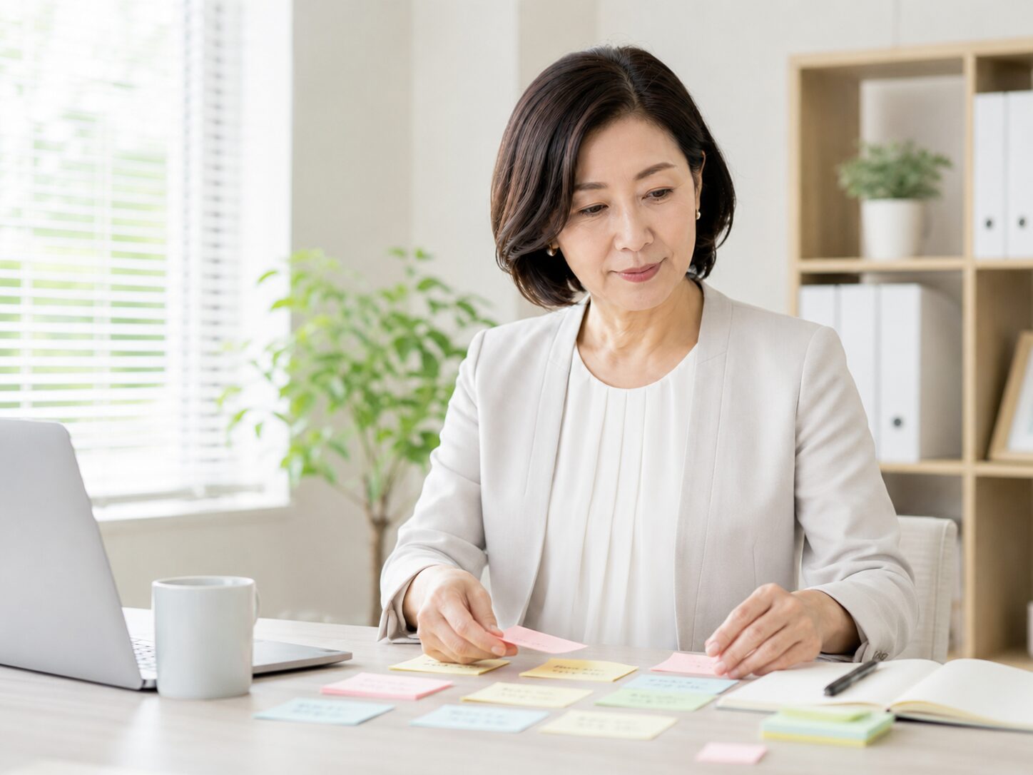 付箋で午後の仕事の優先順位を整理する机上風景