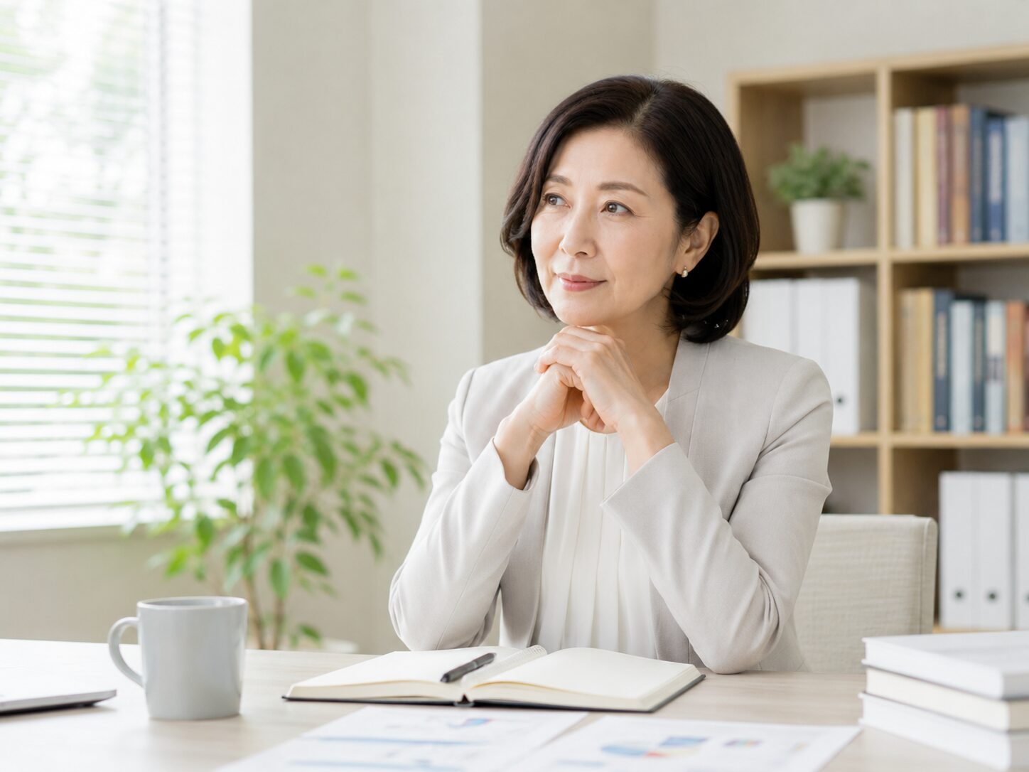 オフィスで静かに考えながら仕事への影響を整理する働く女性
