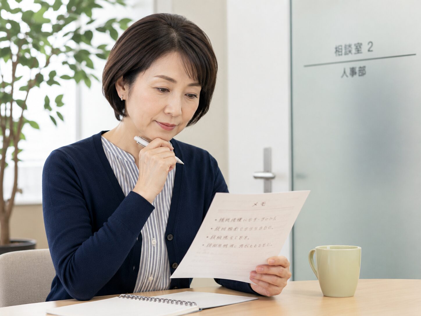 相談前にメモを見直す働く女性