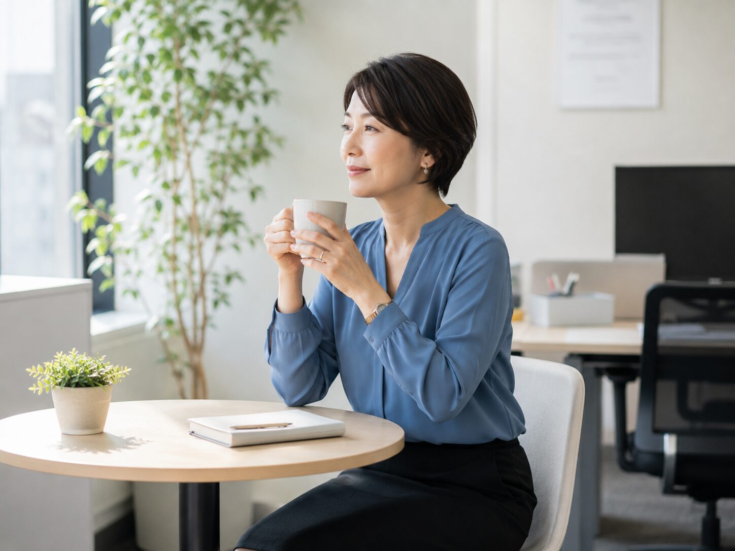 昼休みに一息つきながら午後の仕事への影響を整理する働く女性