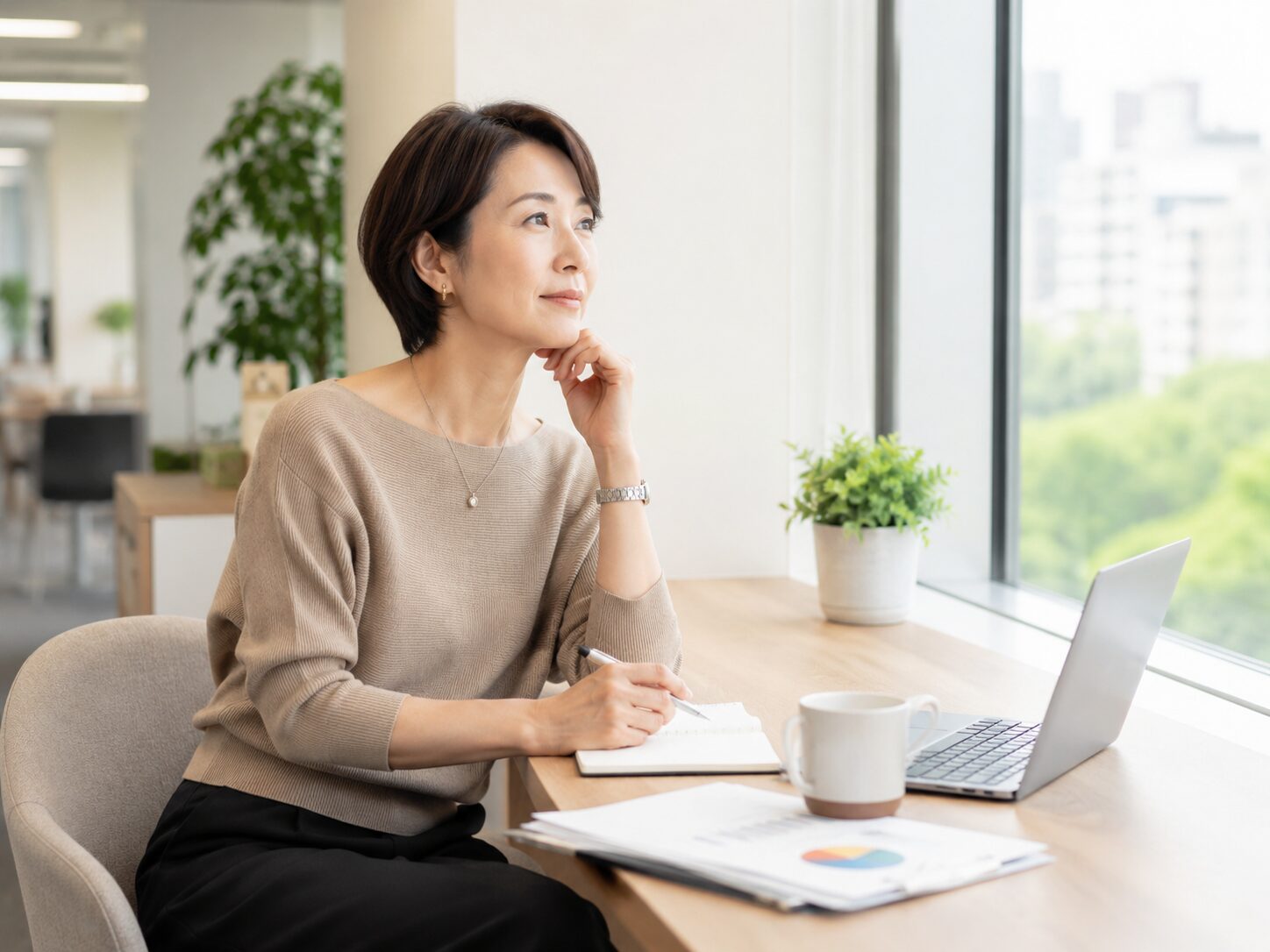 窓際で次の一手を静かに考える働く女性