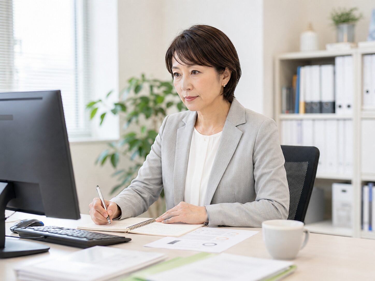 PCを見ながら更年期による仕事への影響を業務メモに整理する働く女性