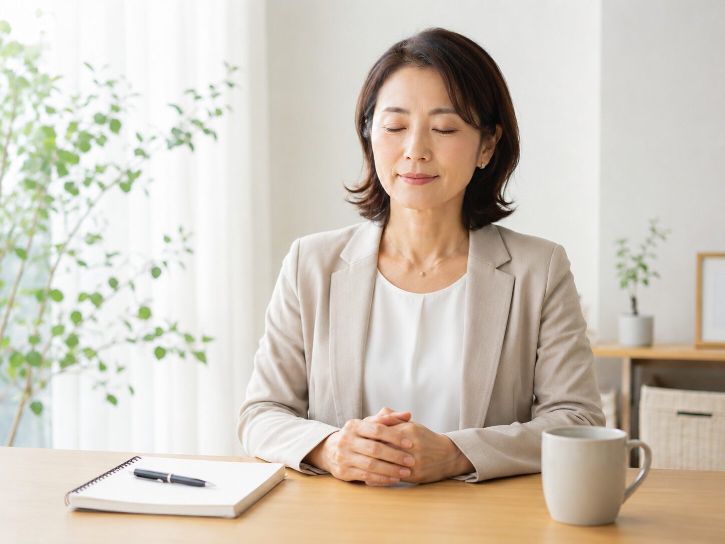 相談前に静かに気持ちを整える働く女性