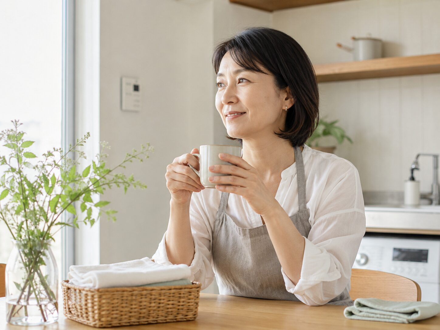 夕食づくりの前に一息つきながら今日の負担を整理するキッチンの風景