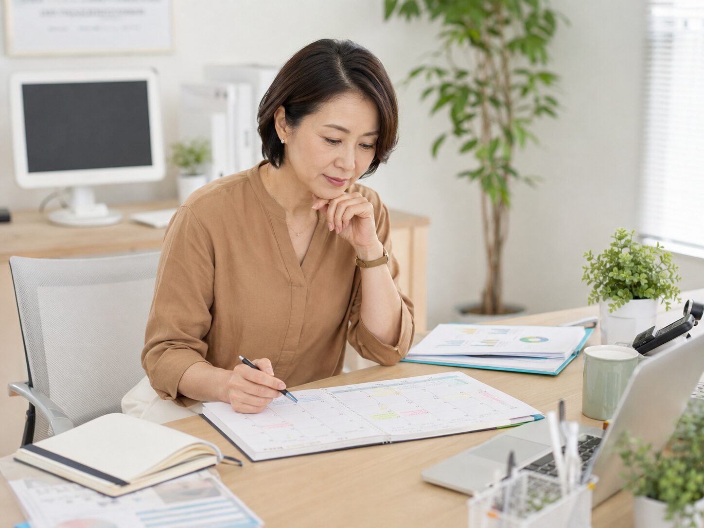 朝の予定や勤務調整をノートで確認する働く女性