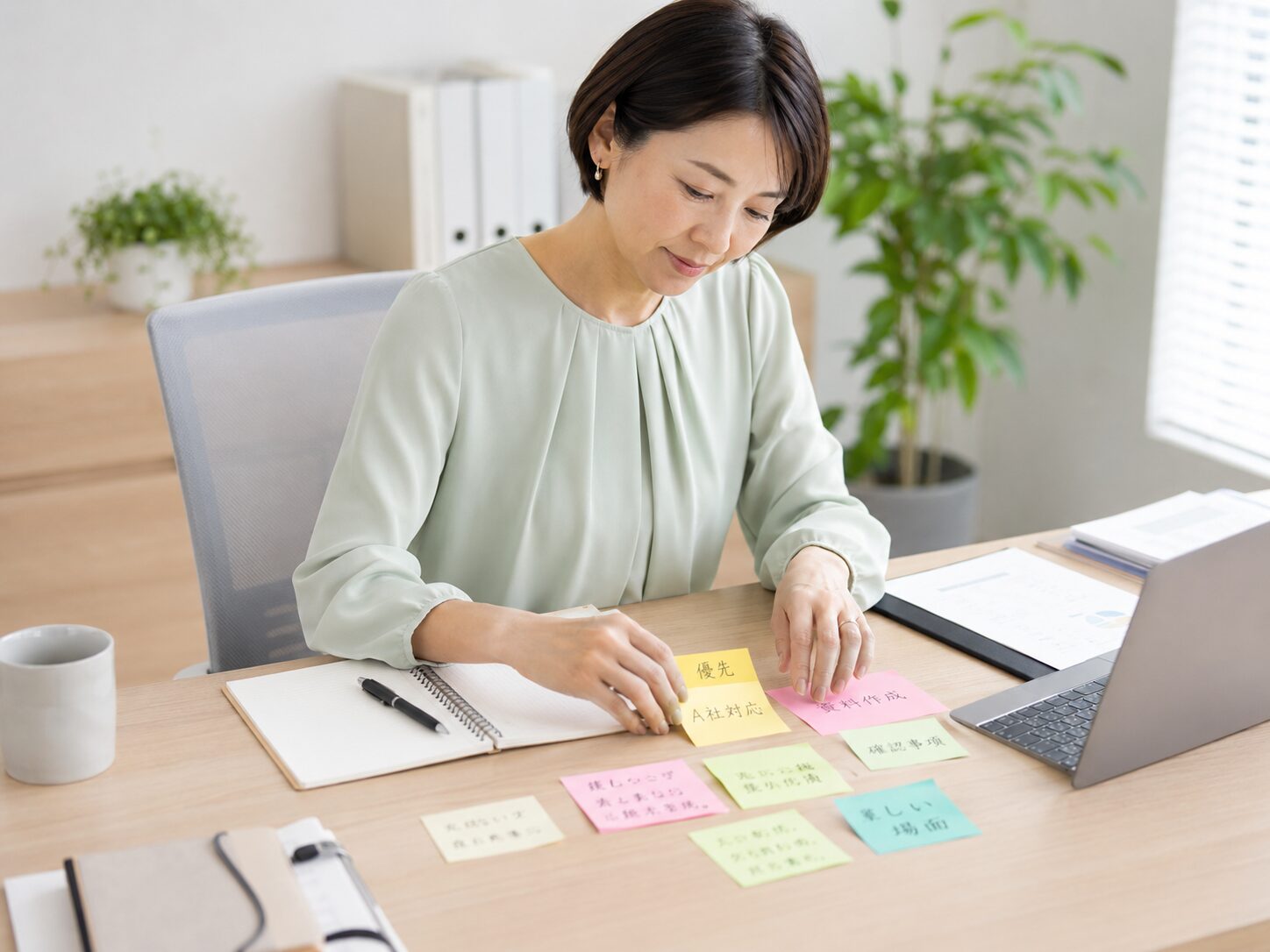 付箋を使って仕事への影響や優先順位を整理する働く女性