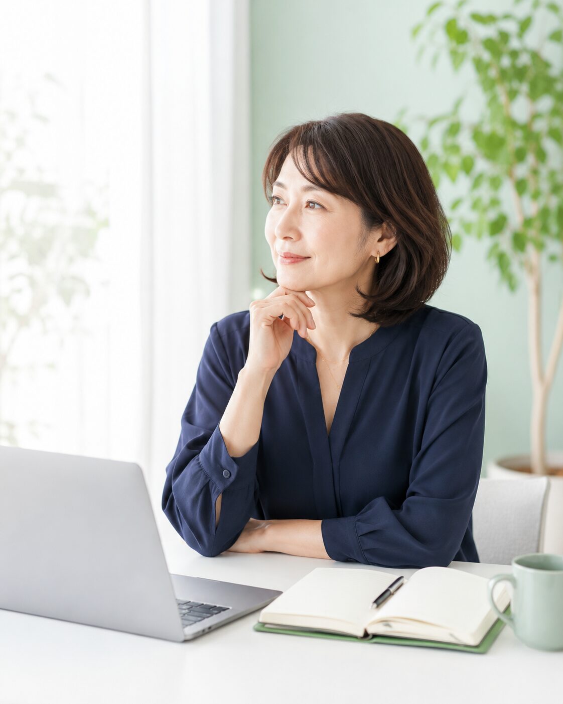 明るい室内で仕事の状態を整理する40代後半から50代前半の働く女性